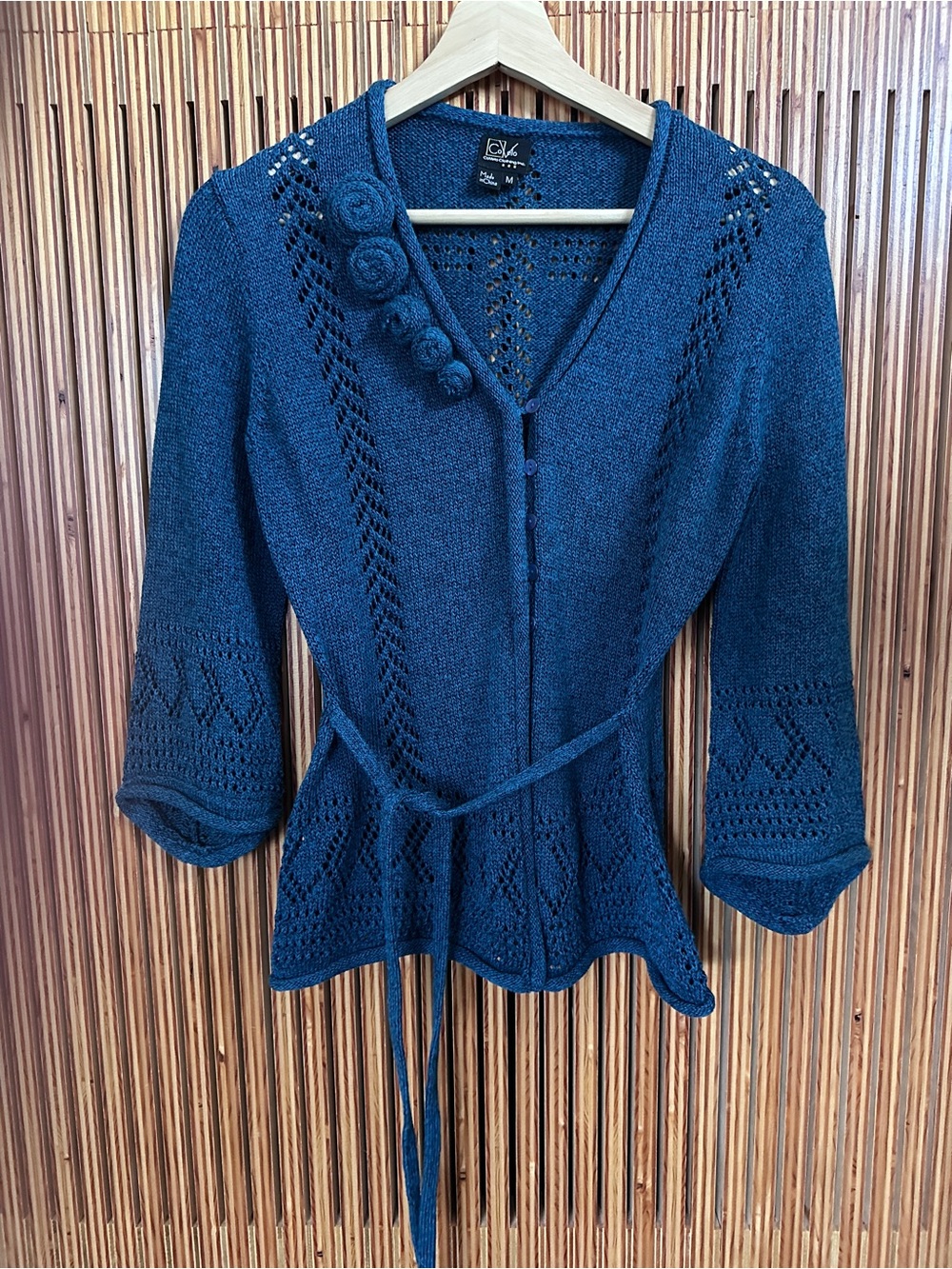 LOFT Teal Knit Openwork Belted Cardigan